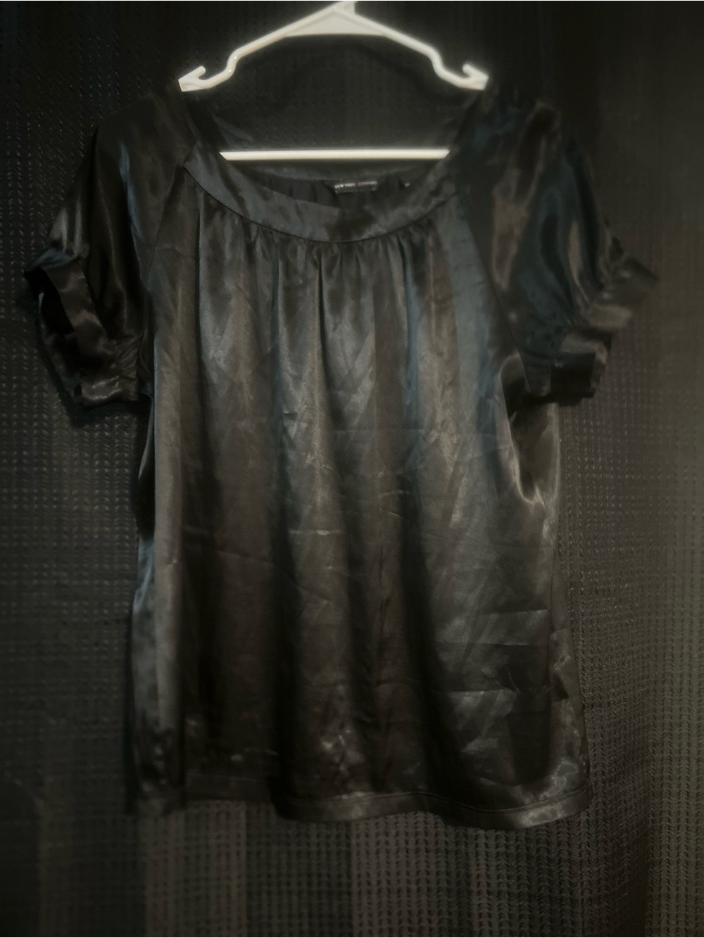 New York & Company Black Satin Short-Sleeve Blouse